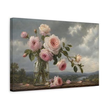 Side Mockup 4. Antique Still-Life Painting Blush Roses In Clear Bottle Beneath Overcast Sky shown as stretched canvas wall art