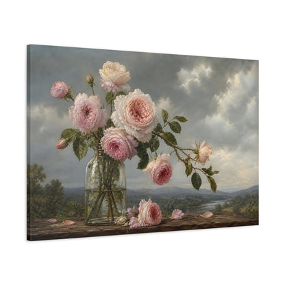 Main Mockup. Antique Still-Life Painting Blush Roses In Clear Bottle Beneath Overcast Sky shown as stretched canvas wall art
