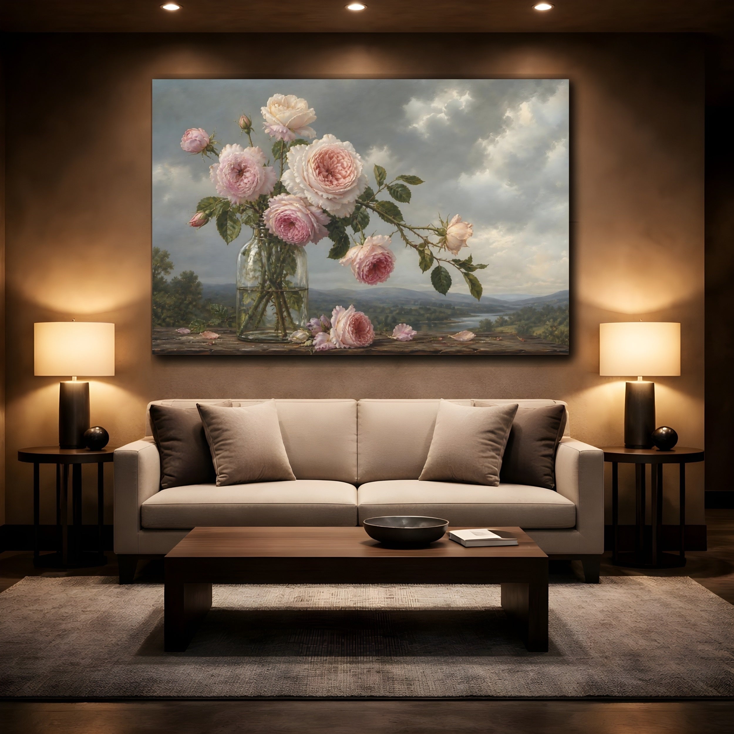 Mockup 2. Antique Still-Life Painting Blush Roses In Clear Bottle Beneath Overcast Sky shown as stretched canvas wall art