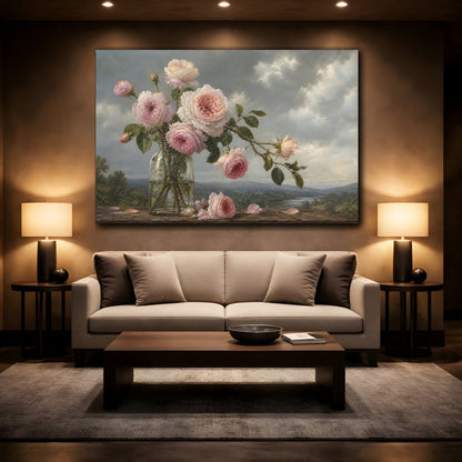 Mockup 2. Antique Still-Life Painting Blush Roses In Clear Bottle Beneath Overcast Sky shown as stretched canvas wall art