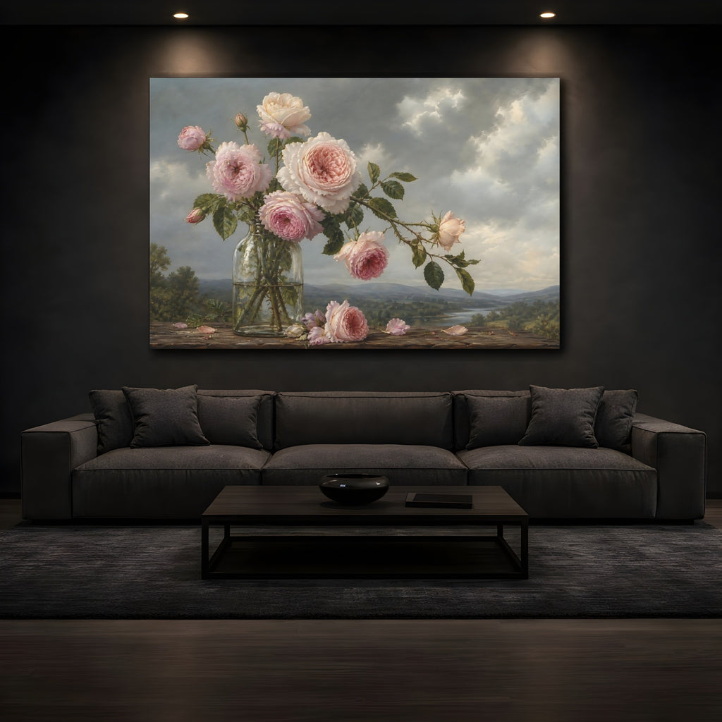 Mockup 3. Antique Still-Life Painting Blush Roses In Clear Bottle Beneath Overcast Sky shown as stretched canvas wall art