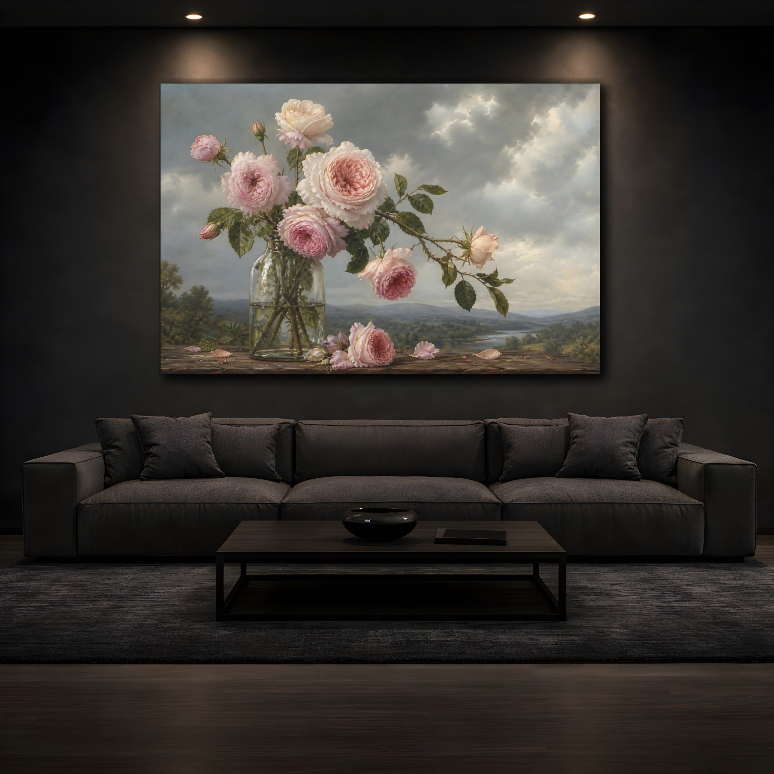 Mockup 3. Antique Still-Life Painting Blush Roses In Clear Bottle Beneath Overcast Sky shown as stretched canvas wall art