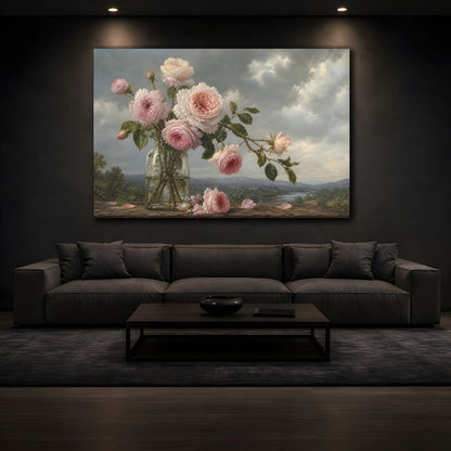Mockup 3. Antique Still-Life Painting Blush Roses In Clear Bottle Beneath Overcast Sky shown as stretched canvas wall art
