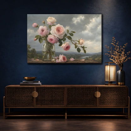 Mockup 4. Antique Still-Life Painting Blush Roses In Clear Bottle Beneath Overcast Sky shown as stretched canvas wall art