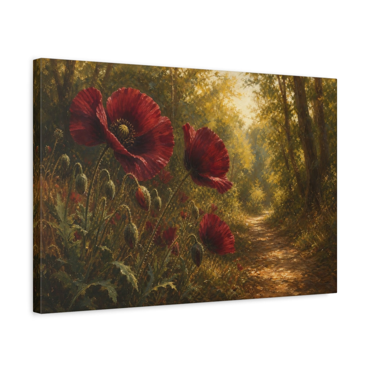 Side Mockup 3. Antique Still-Life Painting Burgundy Poppies Across Woodland Path Under Warm Sunlight shown as stretched canvas wall art