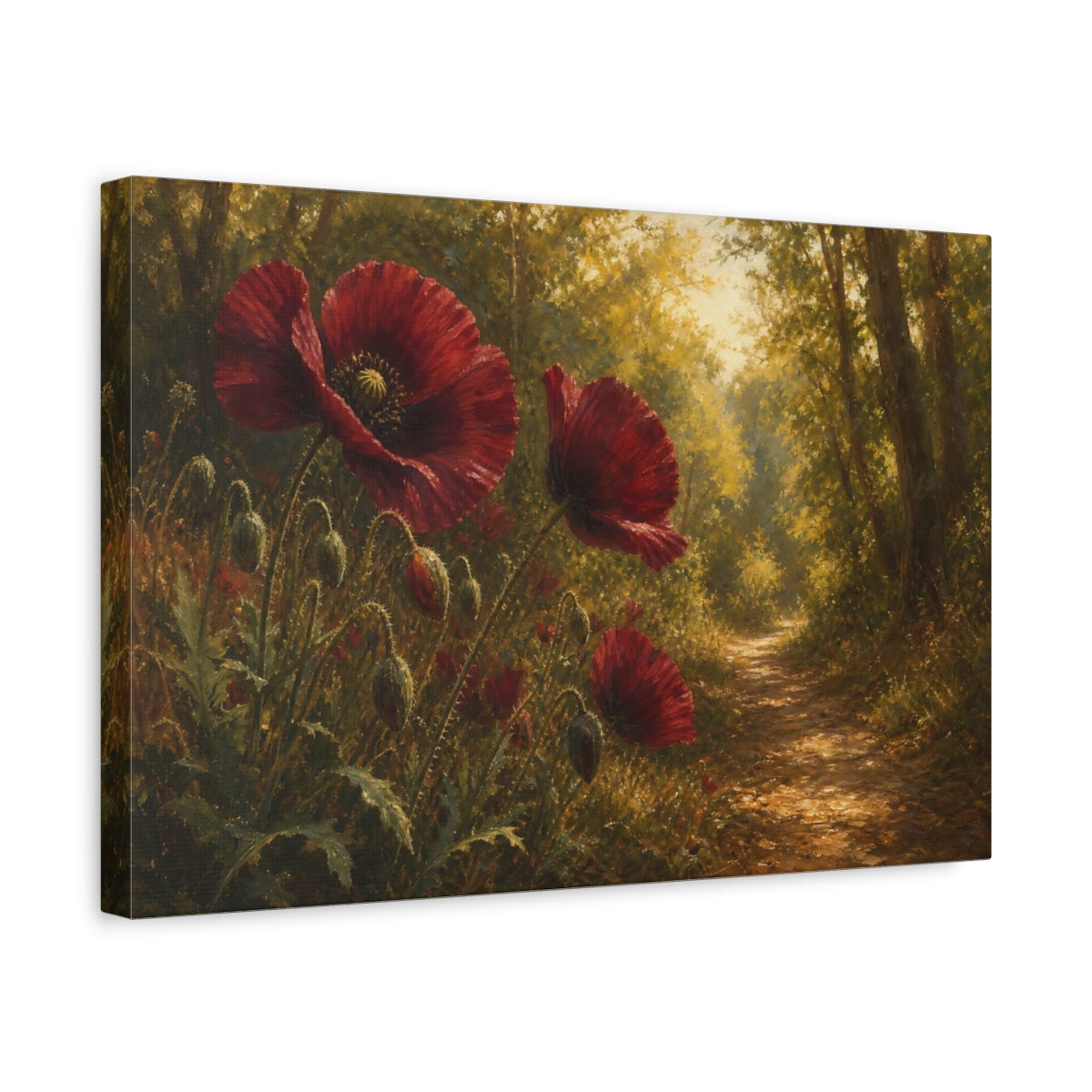 Side Mockup 4. Antique Still-Life Painting Burgundy Poppies Across Woodland Path Under Warm Sunlight shown as stretched canvas wall art