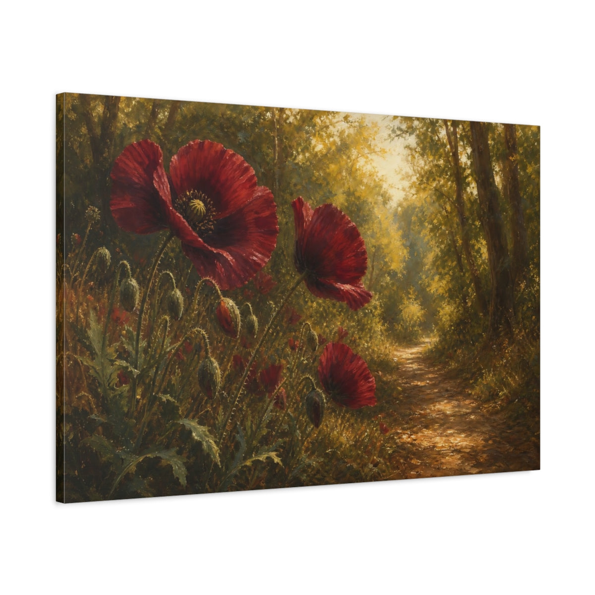 Main Mockup. Antique Still-Life Painting Burgundy Poppies Across Woodland Path Under Warm Sunlight shown as stretched canvas wall art