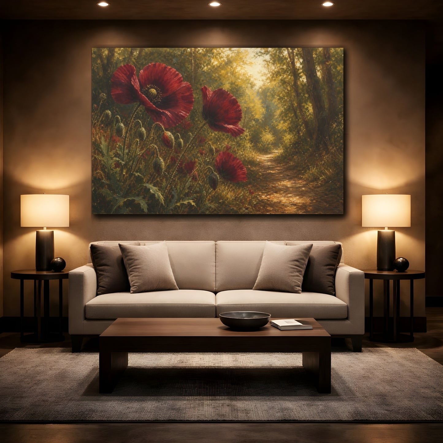 Mockup 2. Antique Still-Life Painting Burgundy Poppies Across Woodland Path Under Warm Sunlight shown as stretched canvas wall art