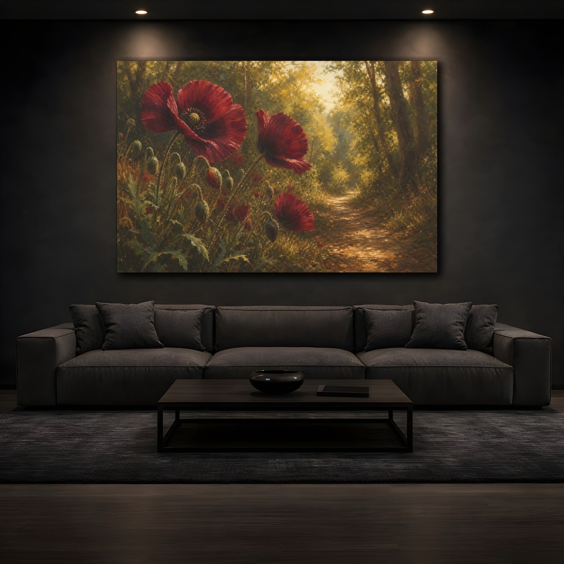 Mockup 3. Antique Still-Life Painting Burgundy Poppies Across Woodland Path Under Warm Sunlight shown as stretched canvas wall art