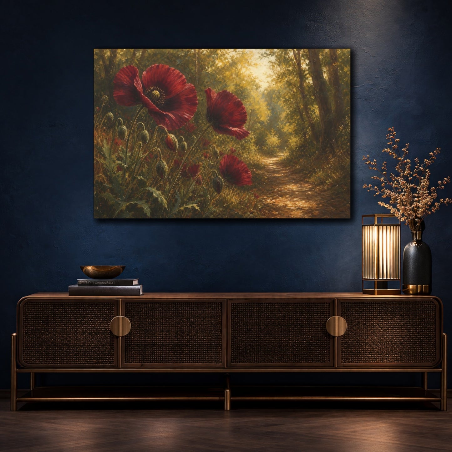 Mockup 4. Antique Still-Life Painting Burgundy Poppies Across Woodland Path Under Warm Sunlight shown as stretched canvas wall art