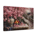 Side Mockup 4. Antique Still-Life Painting Cherry Blossoms Beside Stone Pathway With Fruit Bowl shown as stretched canvas wall art