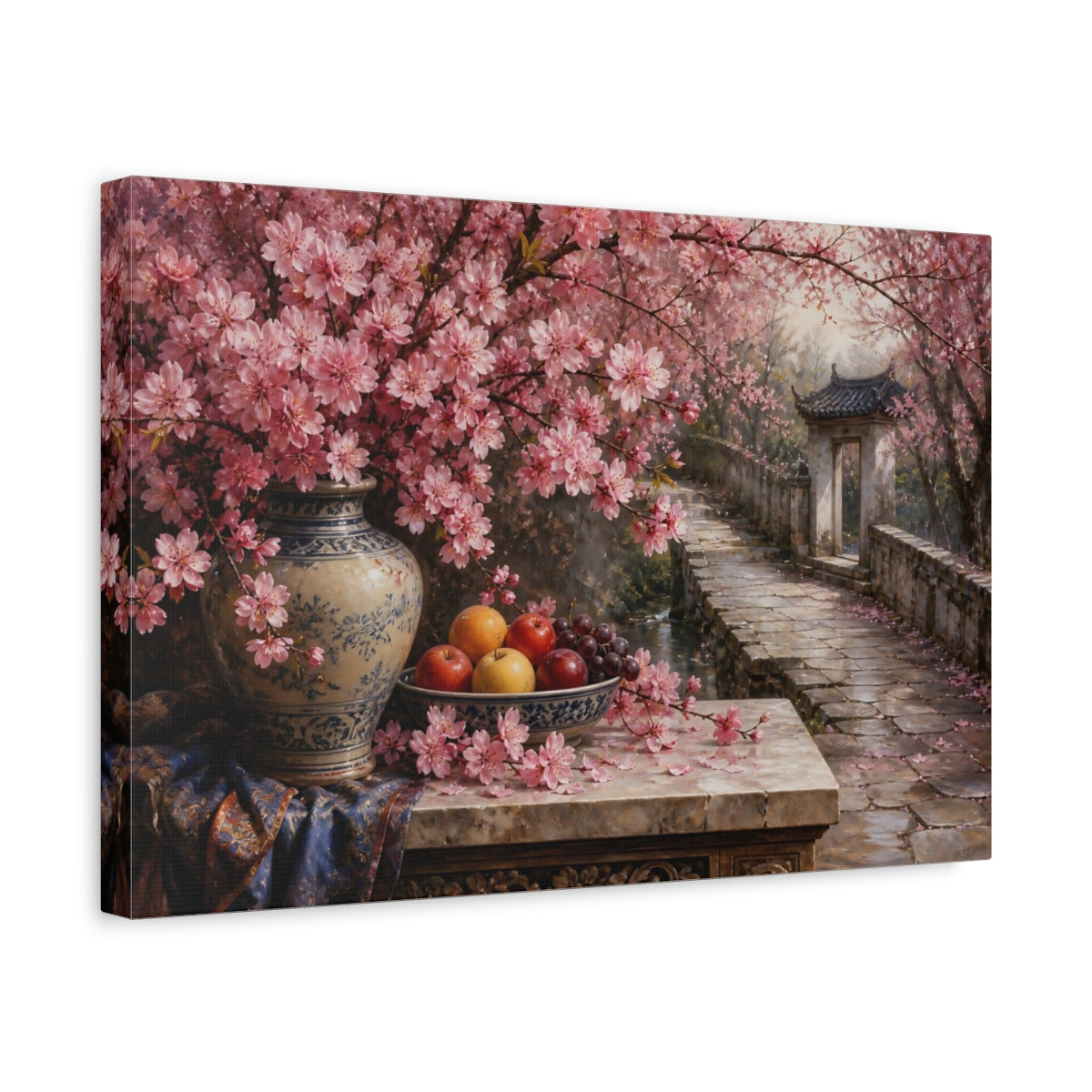 Side Mockup 4. Antique Still-Life Painting Cherry Blossoms Beside Stone Pathway With Fruit Bowl shown as stretched canvas wall art
