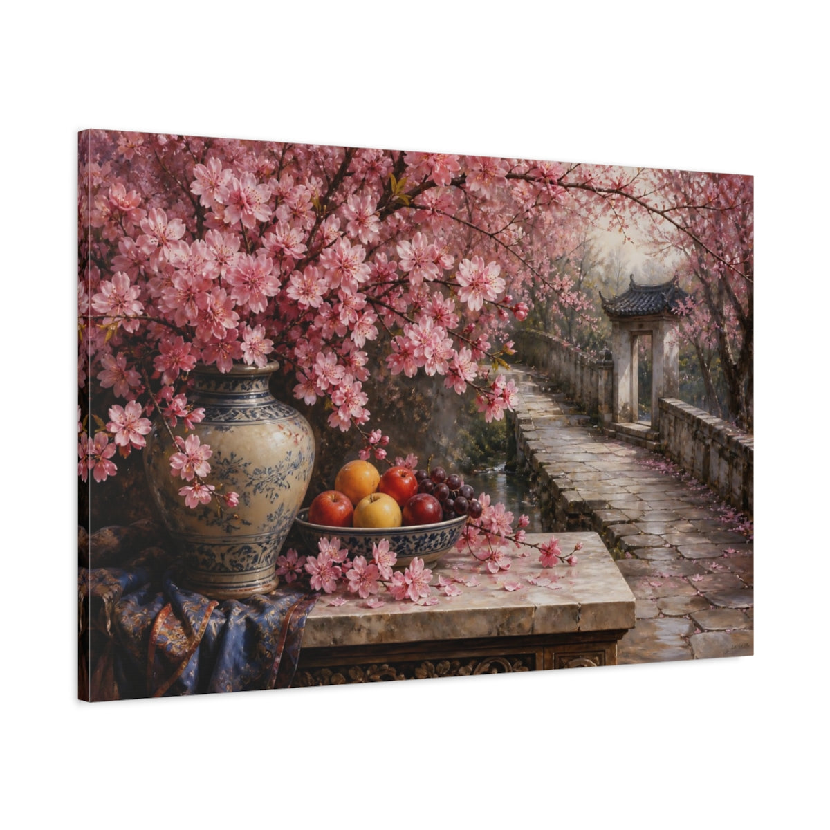 Main Mockup. Antique Still-Life Painting Cherry Blossoms Beside Stone Pathway With Fruit Bowl shown as stretched canvas wall art