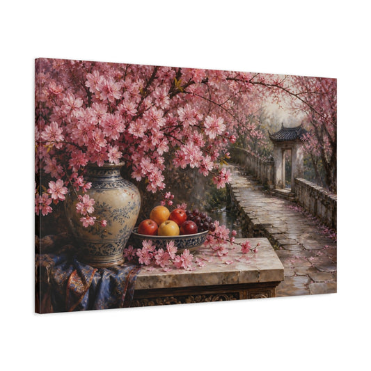 Main Mockup. Antique Still-Life Painting Cherry Blossoms Beside Stone Pathway With Fruit Bowl shown as stretched canvas wall art