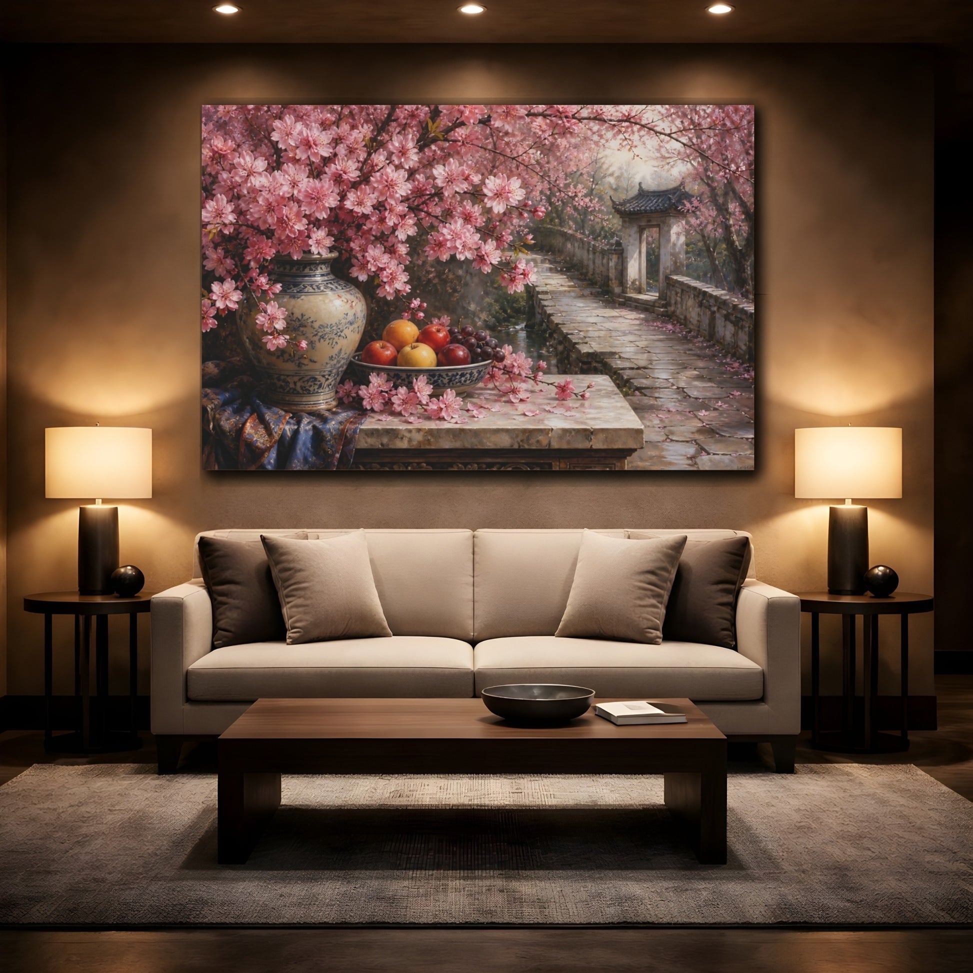 Mockup 2. Antique Still-Life Painting Cherry Blossoms Beside Stone Pathway With Fruit Bowl shown as stretched canvas wall art