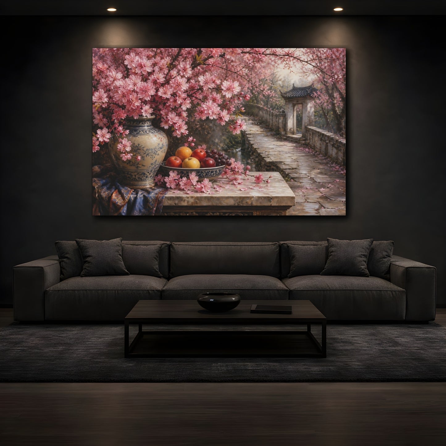 Mockup 3. Antique Still-Life Painting Cherry Blossoms Beside Stone Pathway With Fruit Bowl shown as stretched canvas wall art