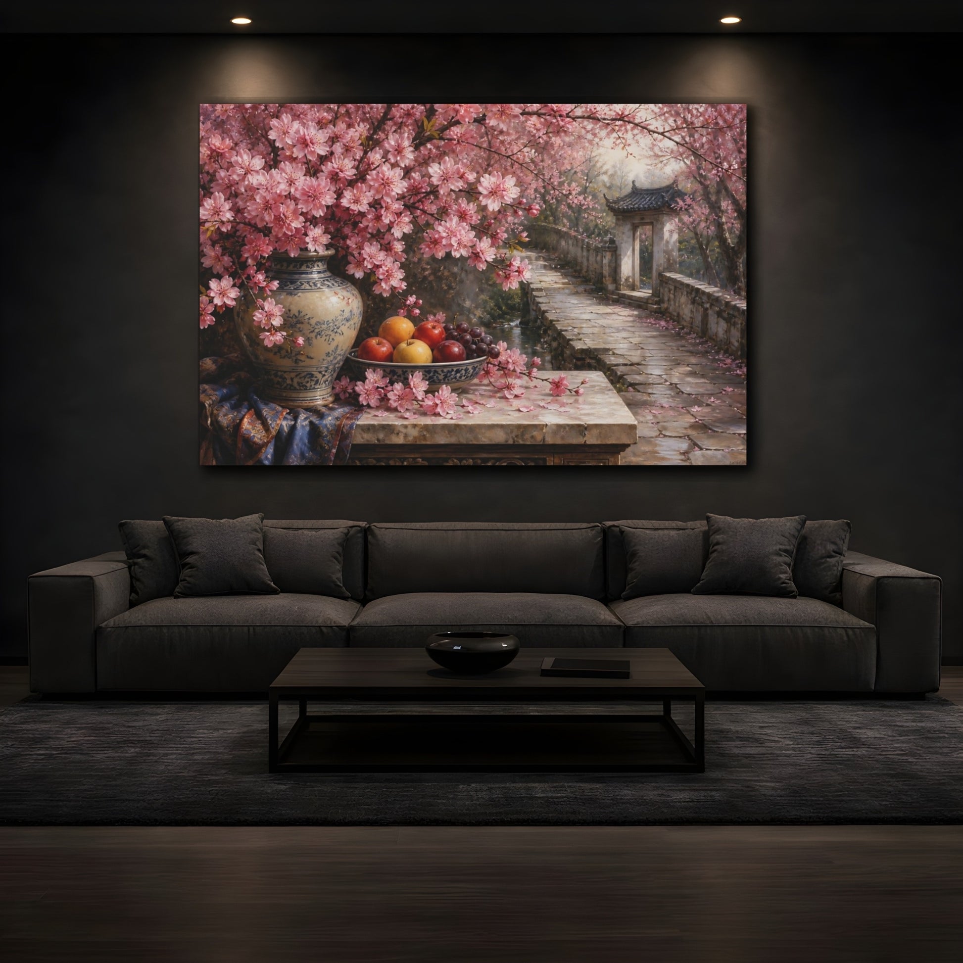 Mockup 3. Antique Still-Life Painting Cherry Blossoms Beside Stone Pathway With Fruit Bowl shown as stretched canvas wall art