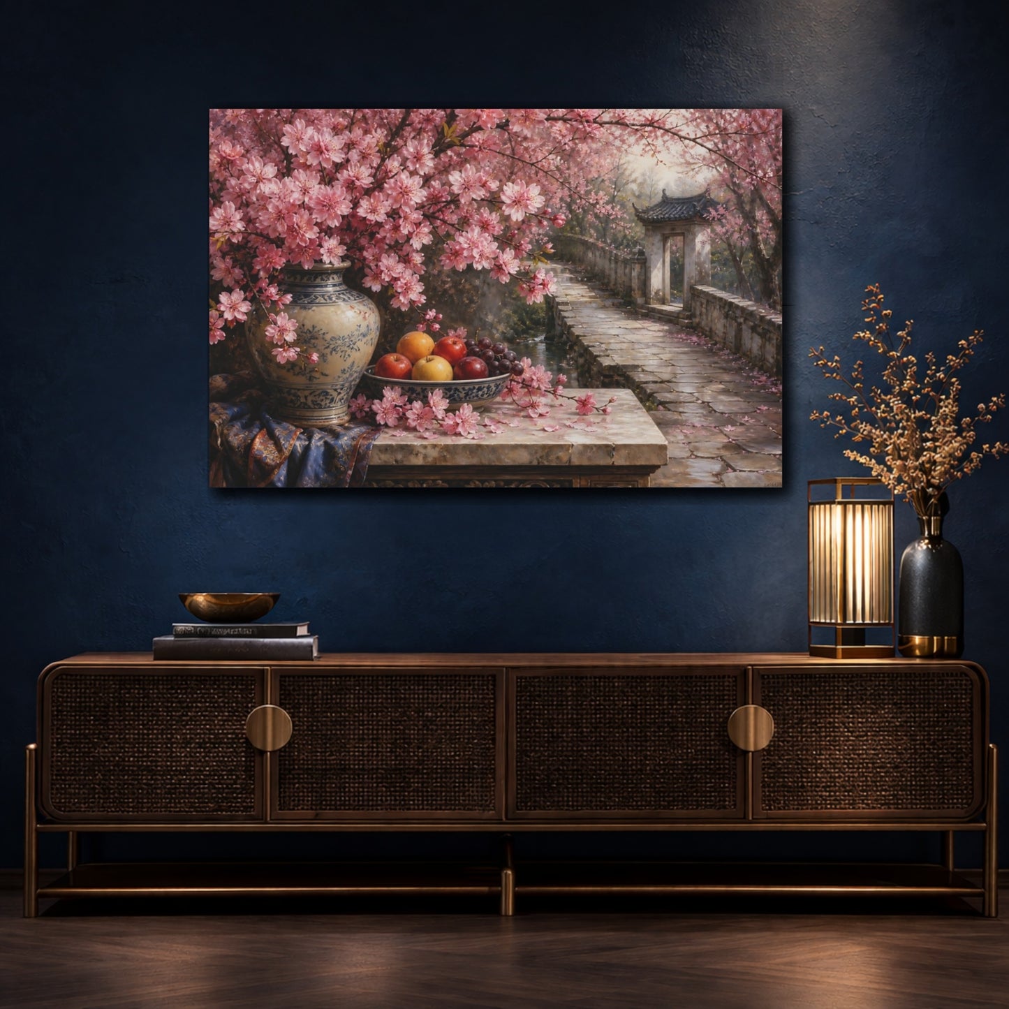 Mockup 4. Antique Still-Life Painting Cherry Blossoms Beside Stone Pathway With Fruit Bowl shown as stretched canvas wall art