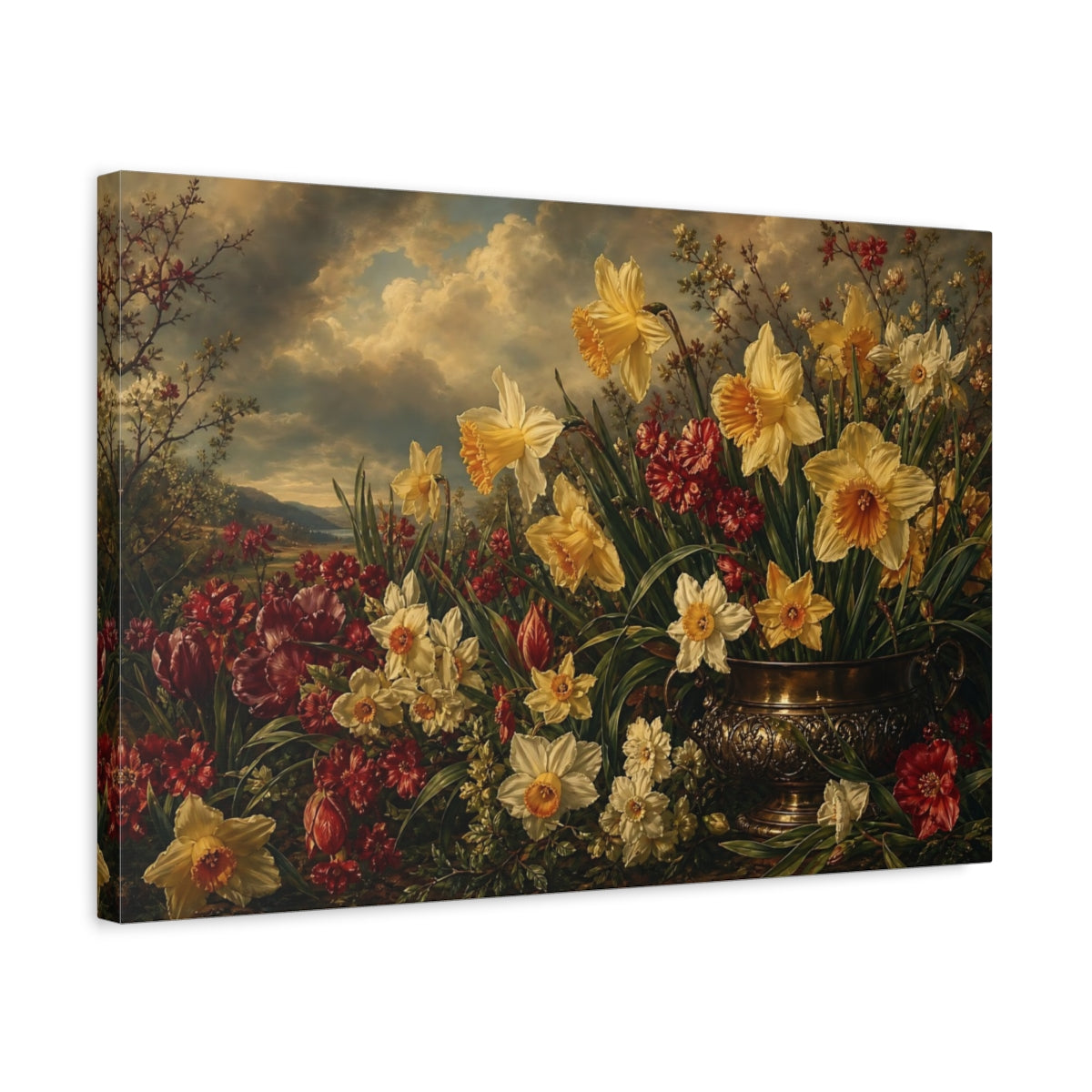 Side Mockup 3. Antique Still-Life Painting Field Of Ruby Spring Daffodils Under Stormy Light shown as stretched canvas wall art