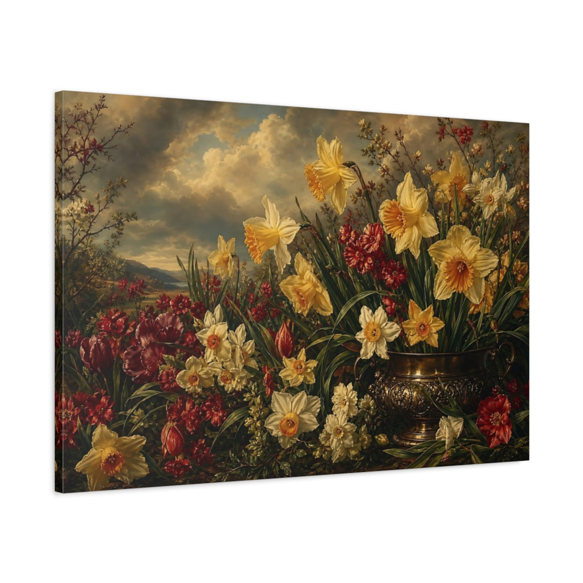 Main Mockup. Antique Still-Life Painting Field Of Ruby Spring Daffodils Under Stormy Light shown as stretched canvas wall art