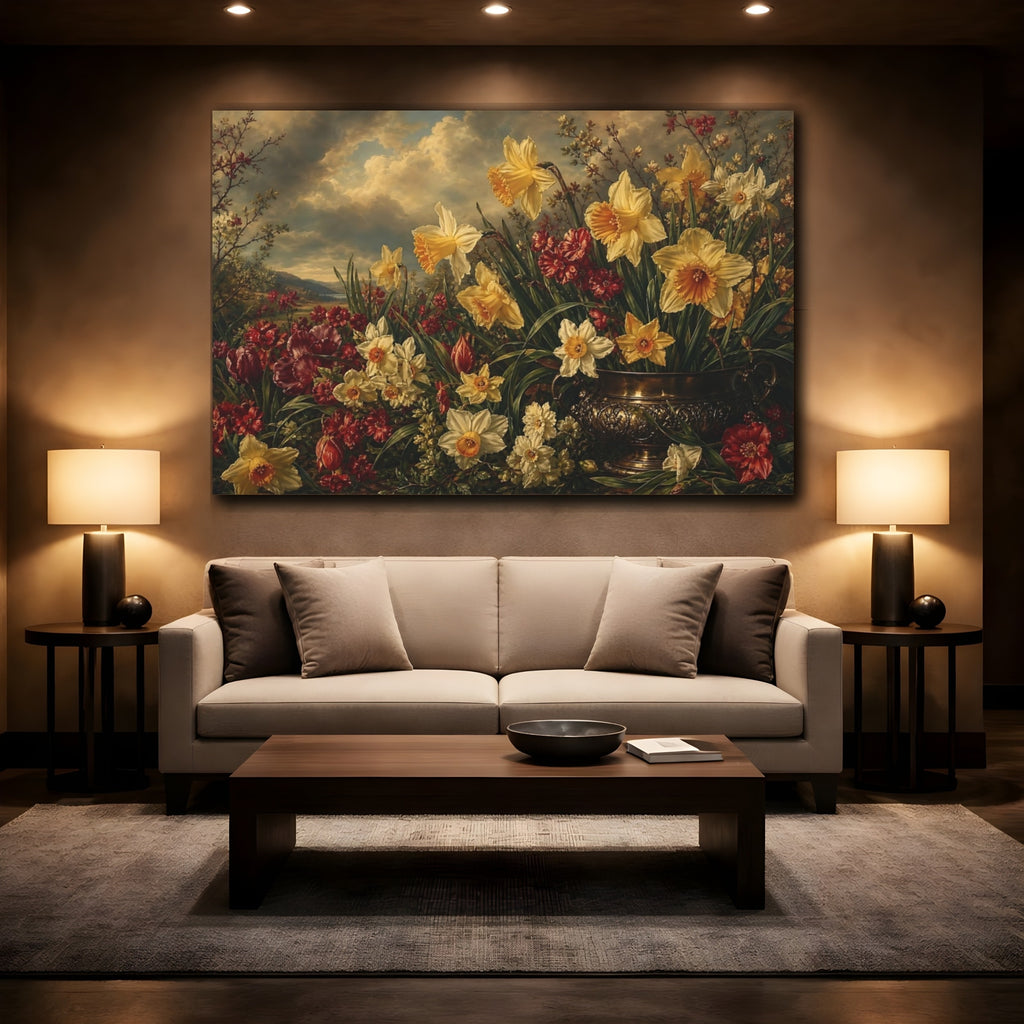 Mockup 2. Antique Still-Life Painting Field Of Ruby Spring Daffodils Under Stormy Light shown as stretched canvas wall art