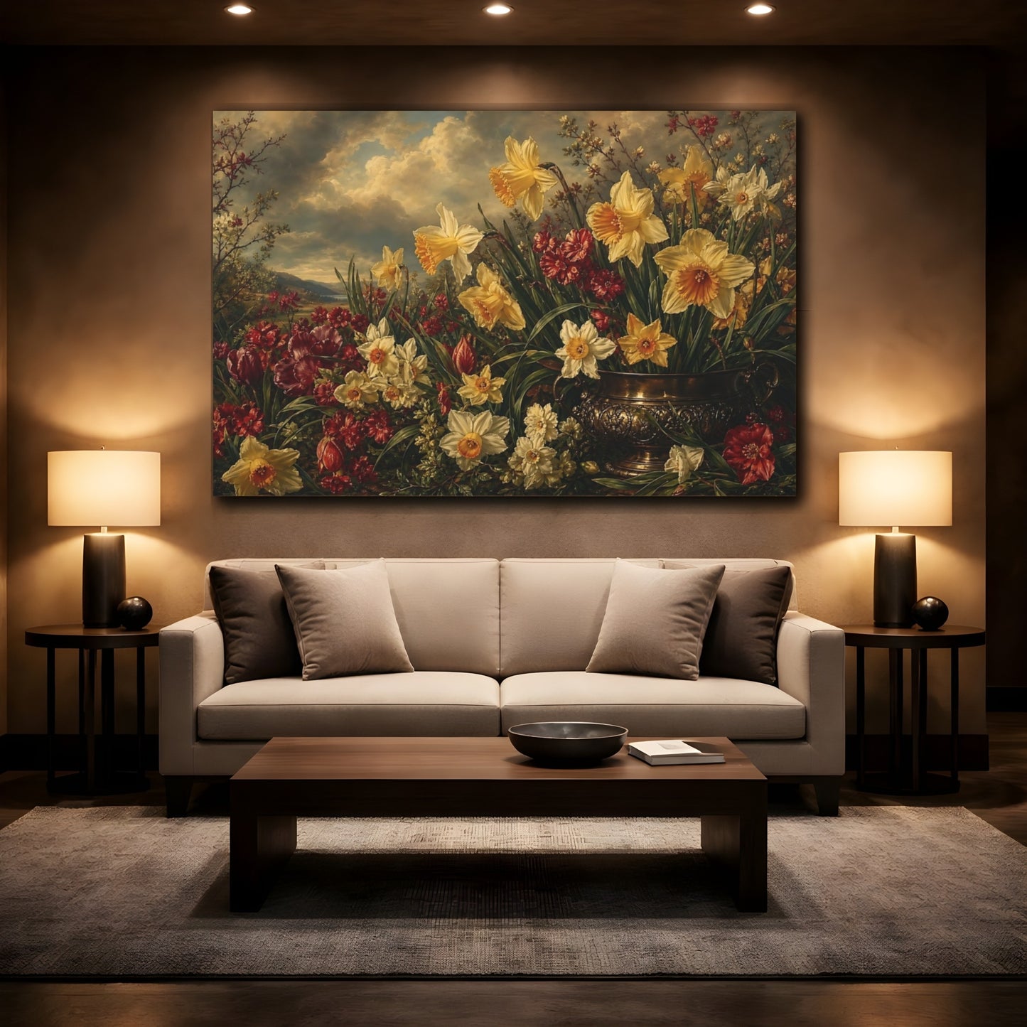 Mockup 2. Antique Still-Life Painting Field Of Ruby Spring Daffodils Under Stormy Light shown as stretched canvas wall art