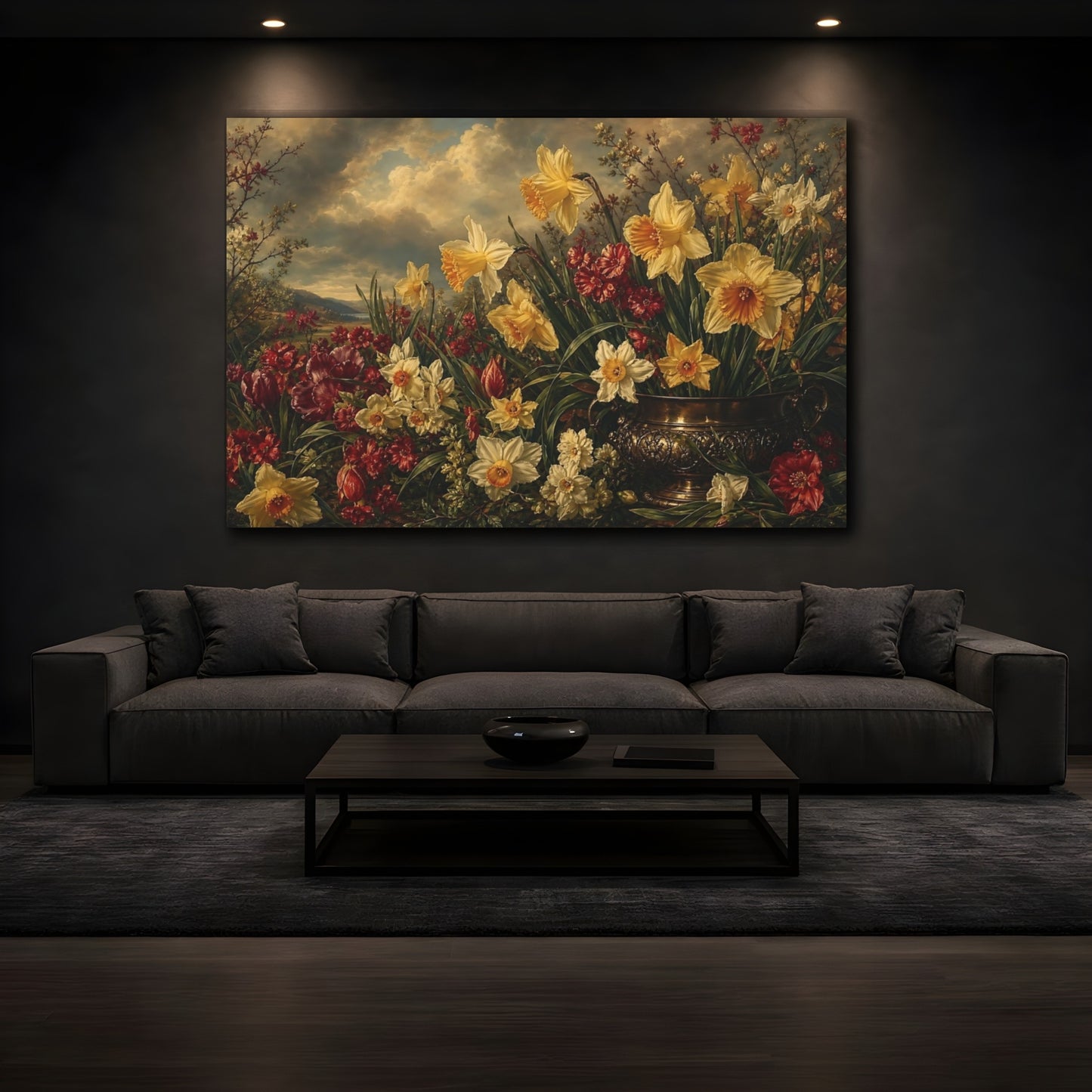 Mockup 3. Antique Still-Life Painting Field Of Ruby Spring Daffodils Under Stormy Light shown as stretched canvas wall art