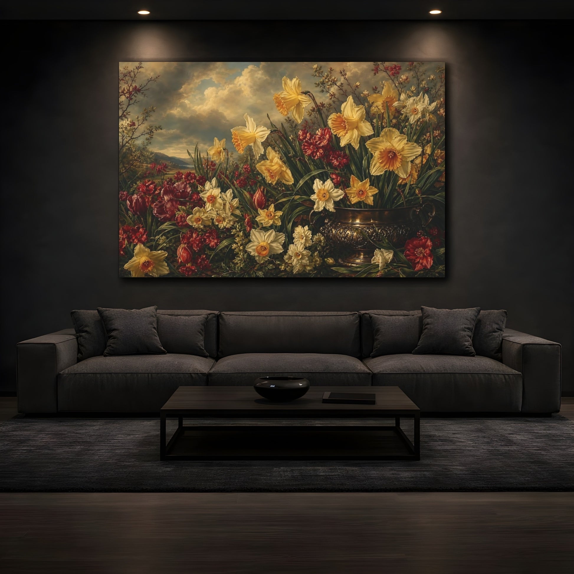 Mockup 3. Antique Still-Life Painting Field Of Ruby Spring Daffodils Under Stormy Light shown as stretched canvas wall art