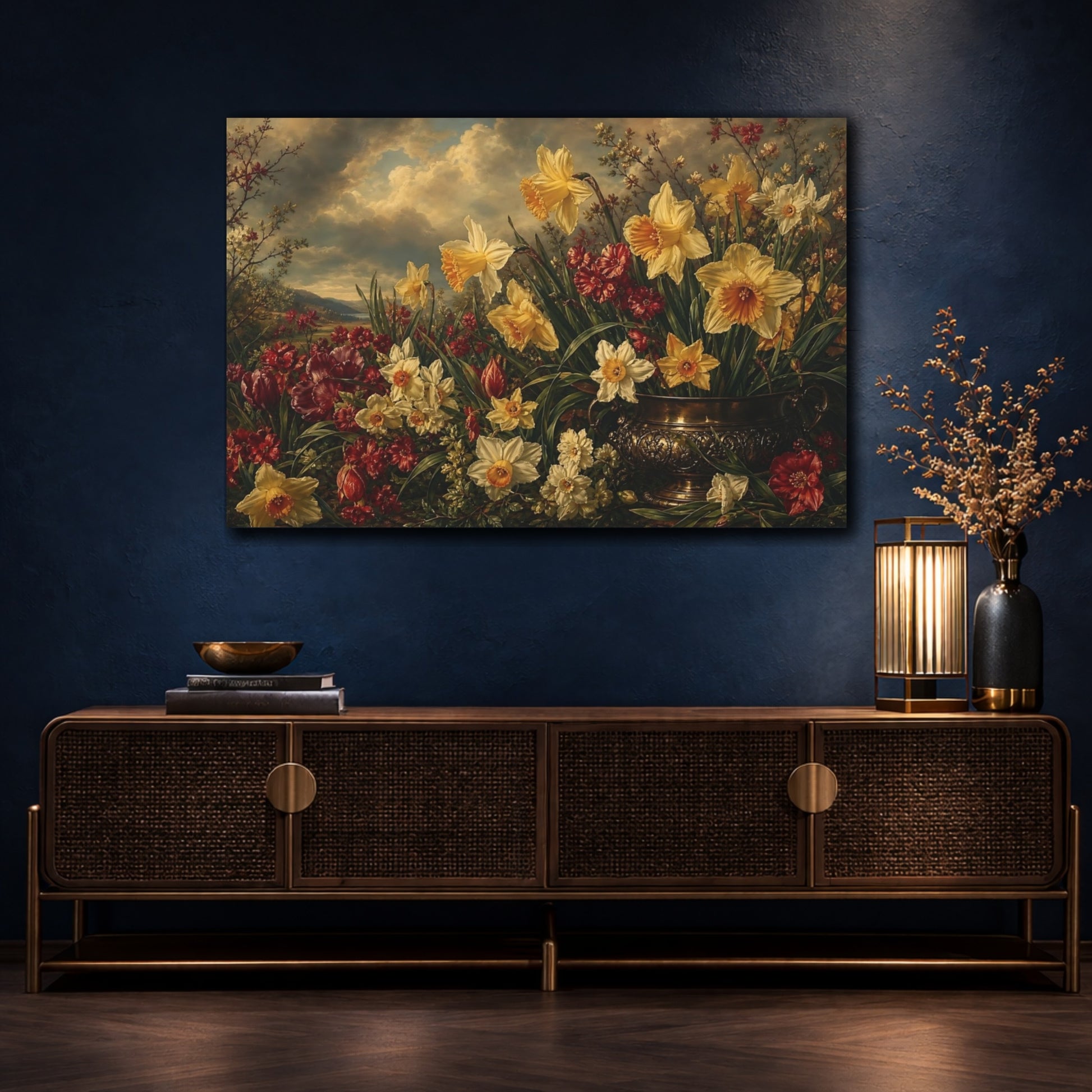 Mockup 4. Antique Still-Life Painting Field Of Ruby Spring Daffodils Under Stormy Light shown as stretched canvas wall art