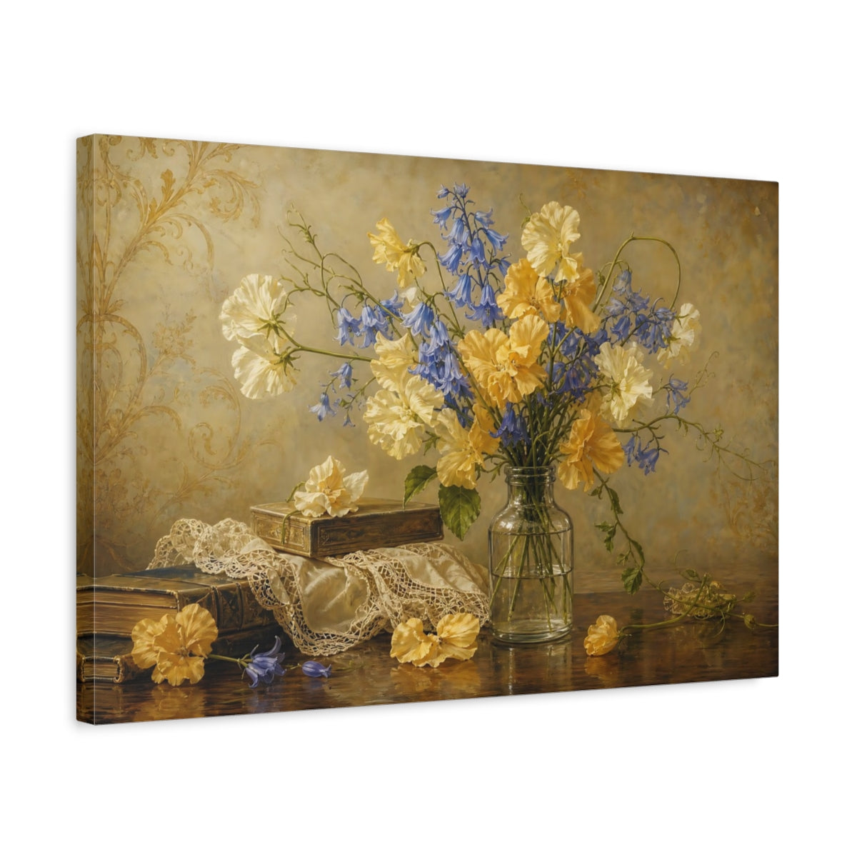 Side Mockup 3. Antique Still-Life Painting Golden And Cream Sweet Peas Bluebells In Clear Bottle shown as stretched canvas wall art