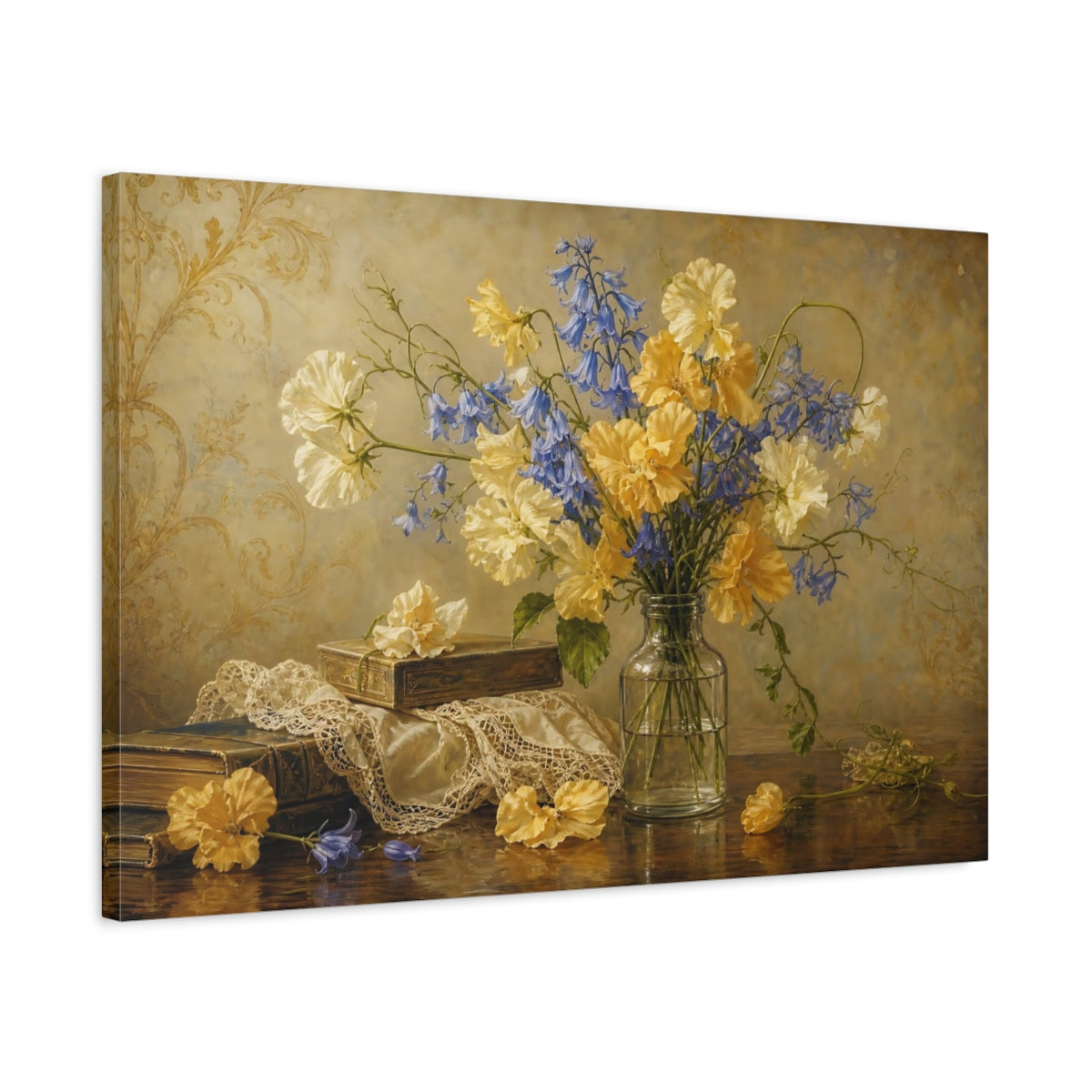 Side Mockup 2. Antique Still-Life Painting Golden And Cream Sweet Peas Bluebells In Clear Bottle shown as stretched canvas wall art