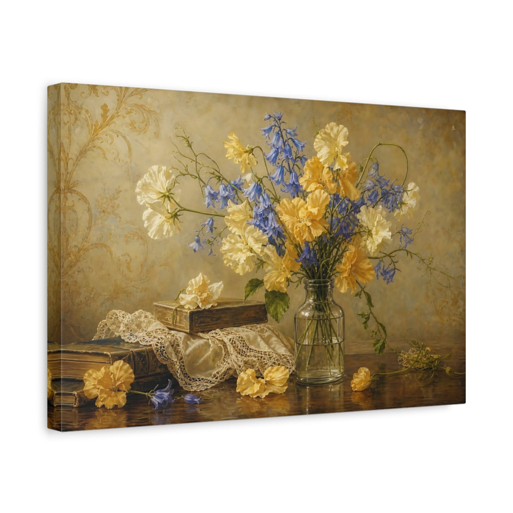 Side Mockup 4. Antique Still-Life Painting Golden And Cream Sweet Peas Bluebells In Clear Bottle shown as stretched canvas wall art