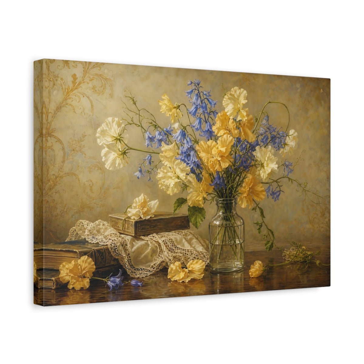 Side Mockup 4. Antique Still-Life Painting Golden And Cream Sweet Peas Bluebells In Clear Bottle shown as stretched canvas wall art
