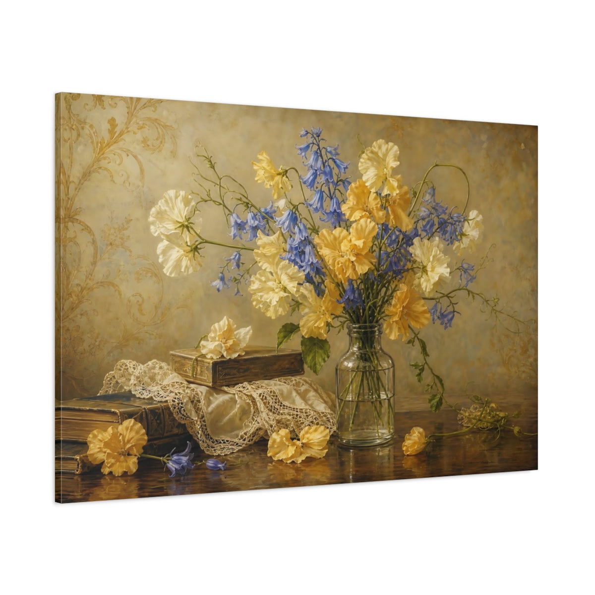 Side Mockup 1. Antique Still-Life Painting Golden And Cream Sweet Peas Bluebells In Clear Bottle shown as stretched canvas wall art