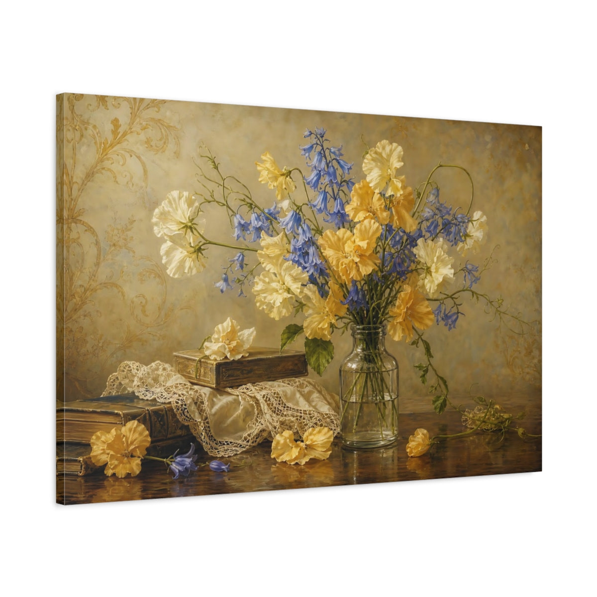 Main Mockup. Antique Still-Life Painting Golden And Cream Sweet Peas Bluebells In Clear Bottle shown as stretched canvas wall art