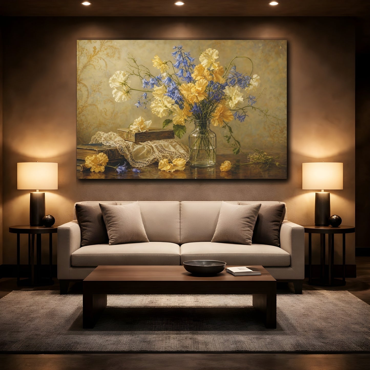 Mockup 2. Antique Still-Life Painting Golden And Cream Sweet Peas Bluebells In Clear Bottle shown as stretched canvas wall art