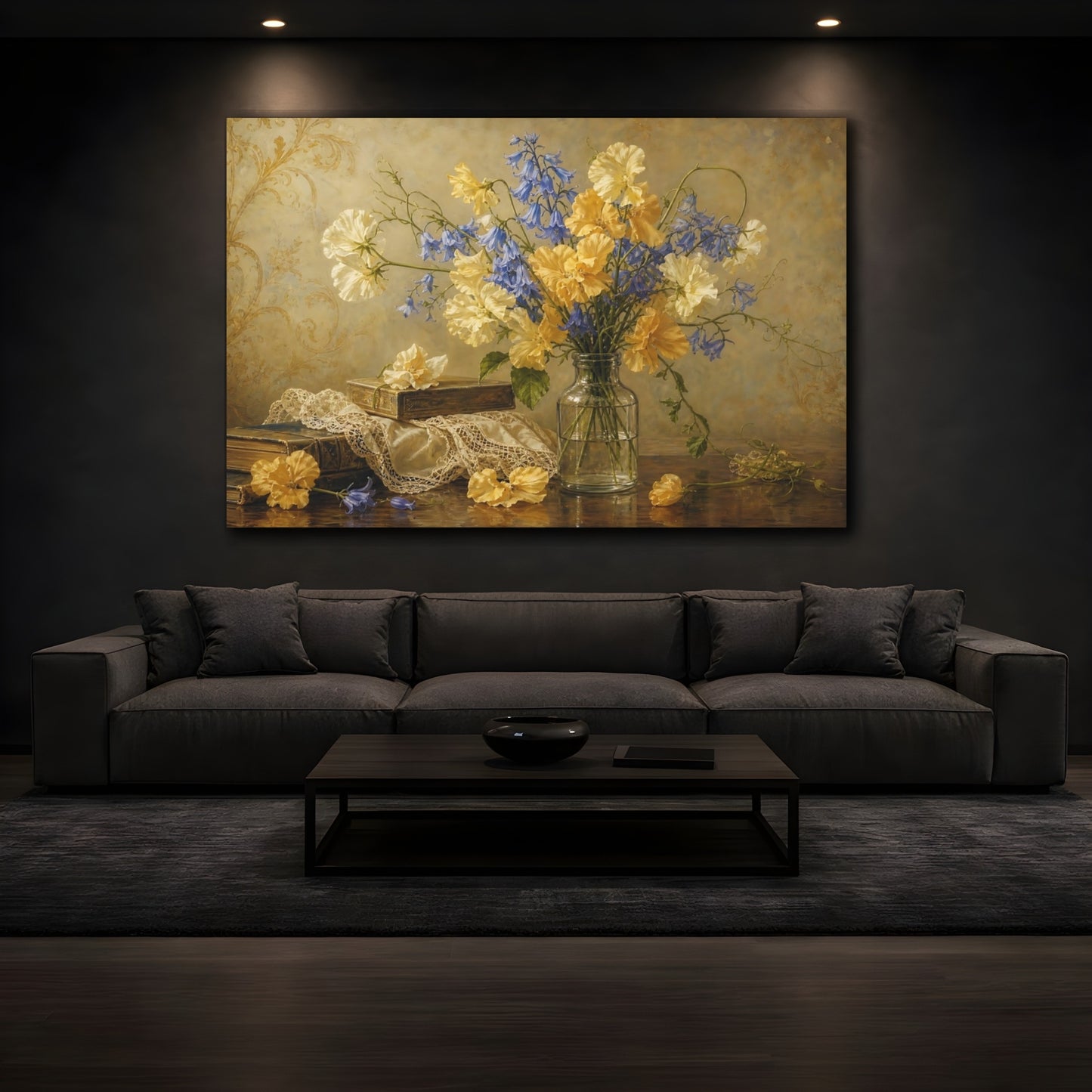 Mockup 3. Antique Still-Life Painting Golden And Cream Sweet Peas Bluebells In Clear Bottle shown as stretched canvas wall art