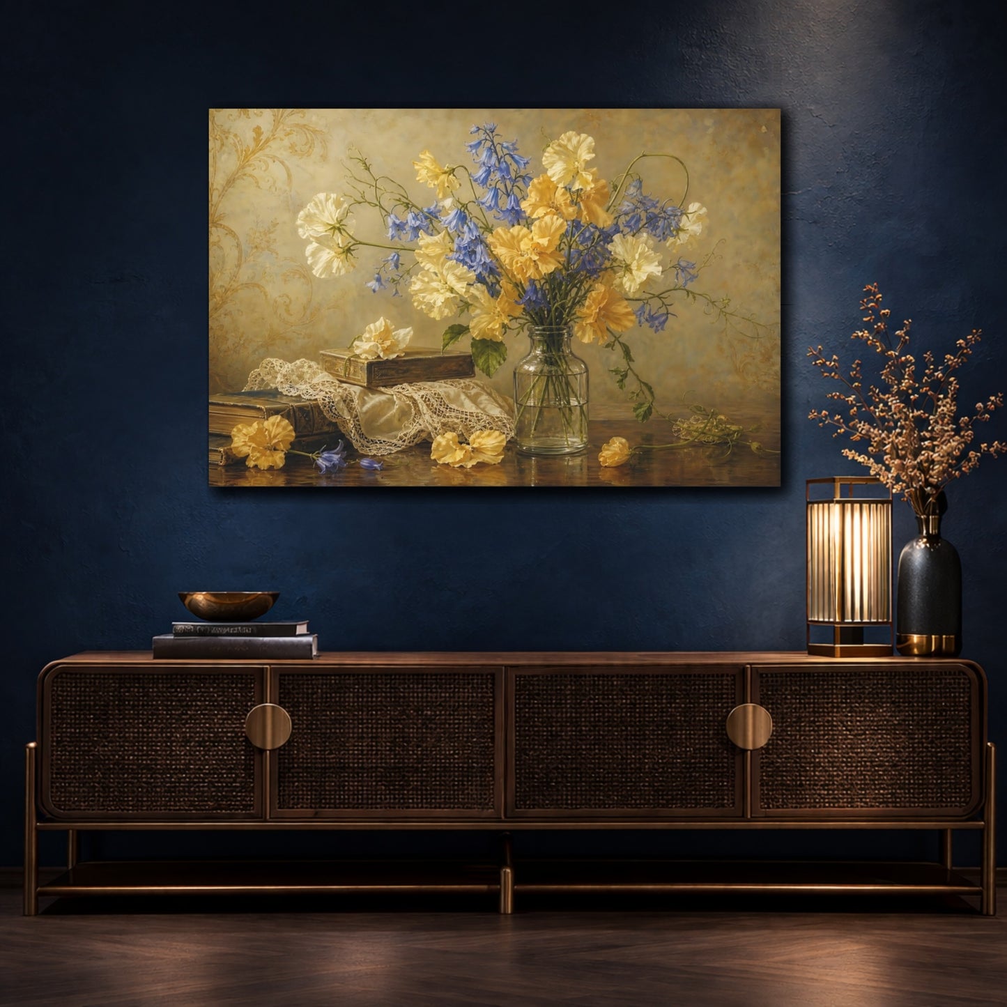 Mockup 4. Antique Still-Life Painting Golden And Cream Sweet Peas Bluebells In Clear Bottle shown as stretched canvas wall art