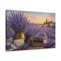 Side Mockup 4. Antique Still-Life Painting Lavender Across Provence Field With Dew Drops shown as stretched canvas wall art