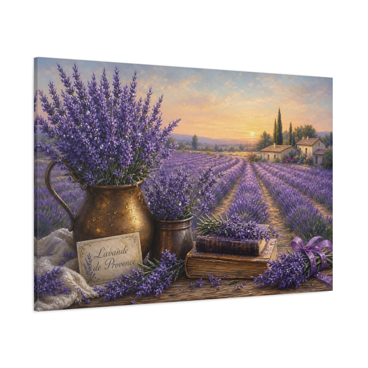Side Mockup 1. Antique Still-Life Painting Lavender Across Provence Field With Dew Drops shown as stretched canvas wall art
