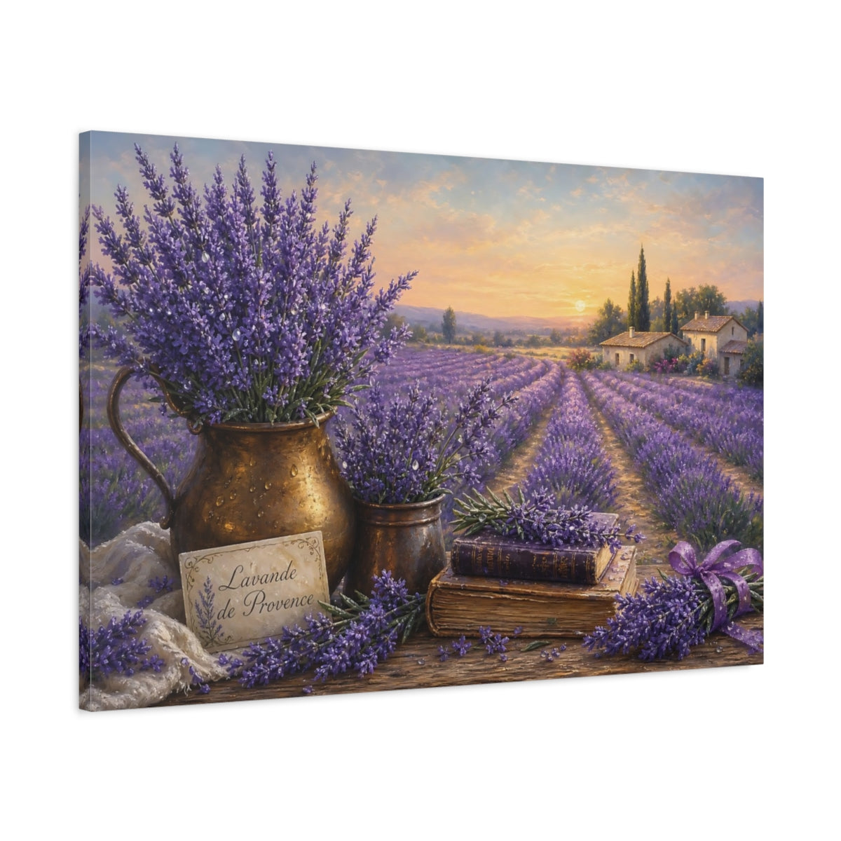 Main Mockup. Antique Still-Life Painting Lavender Across Provence Field With Dew Drops shown as stretched canvas wall art