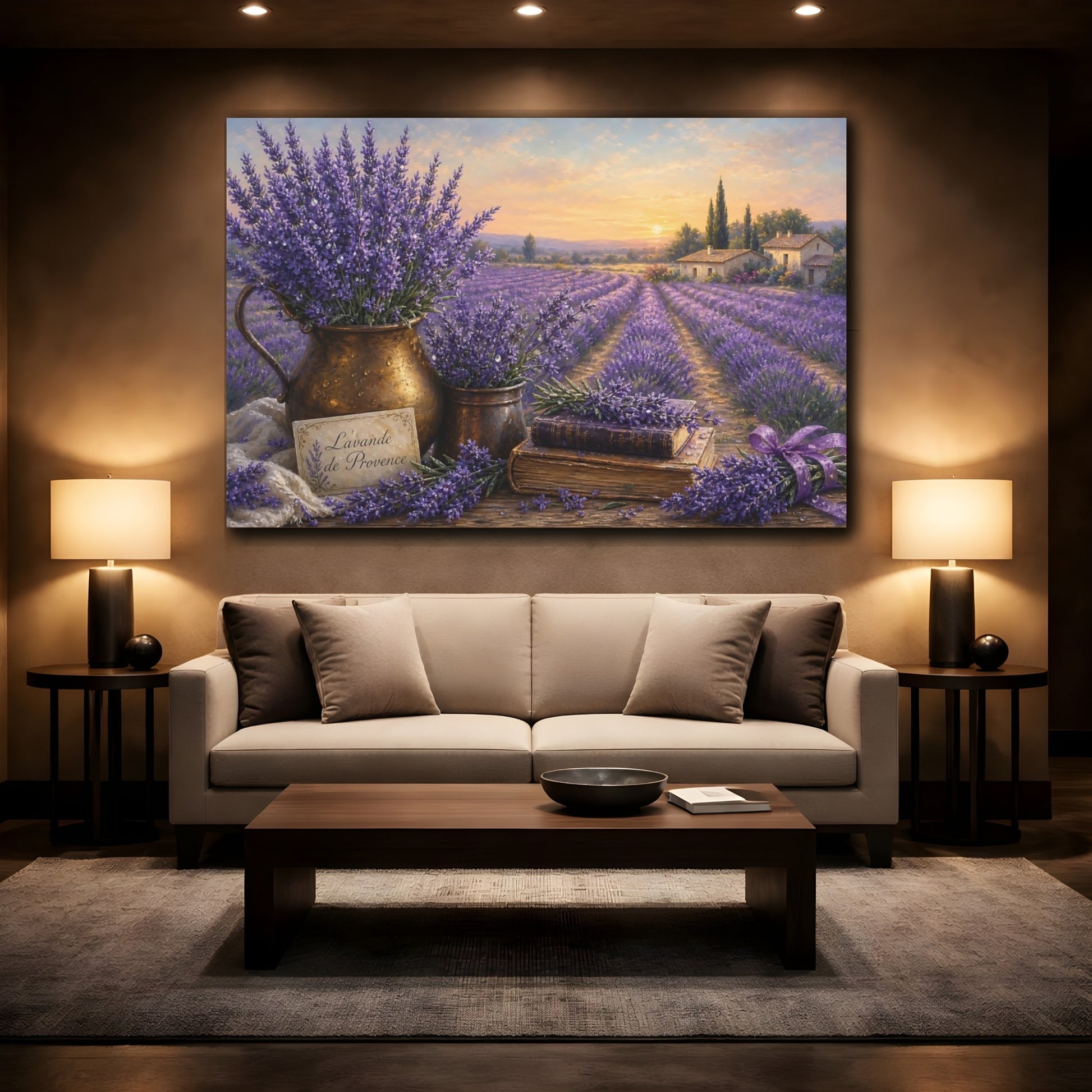 Mockup 2. Antique Still-Life Painting Lavender Across Provence Field With Dew Drops shown as stretched canvas wall art
