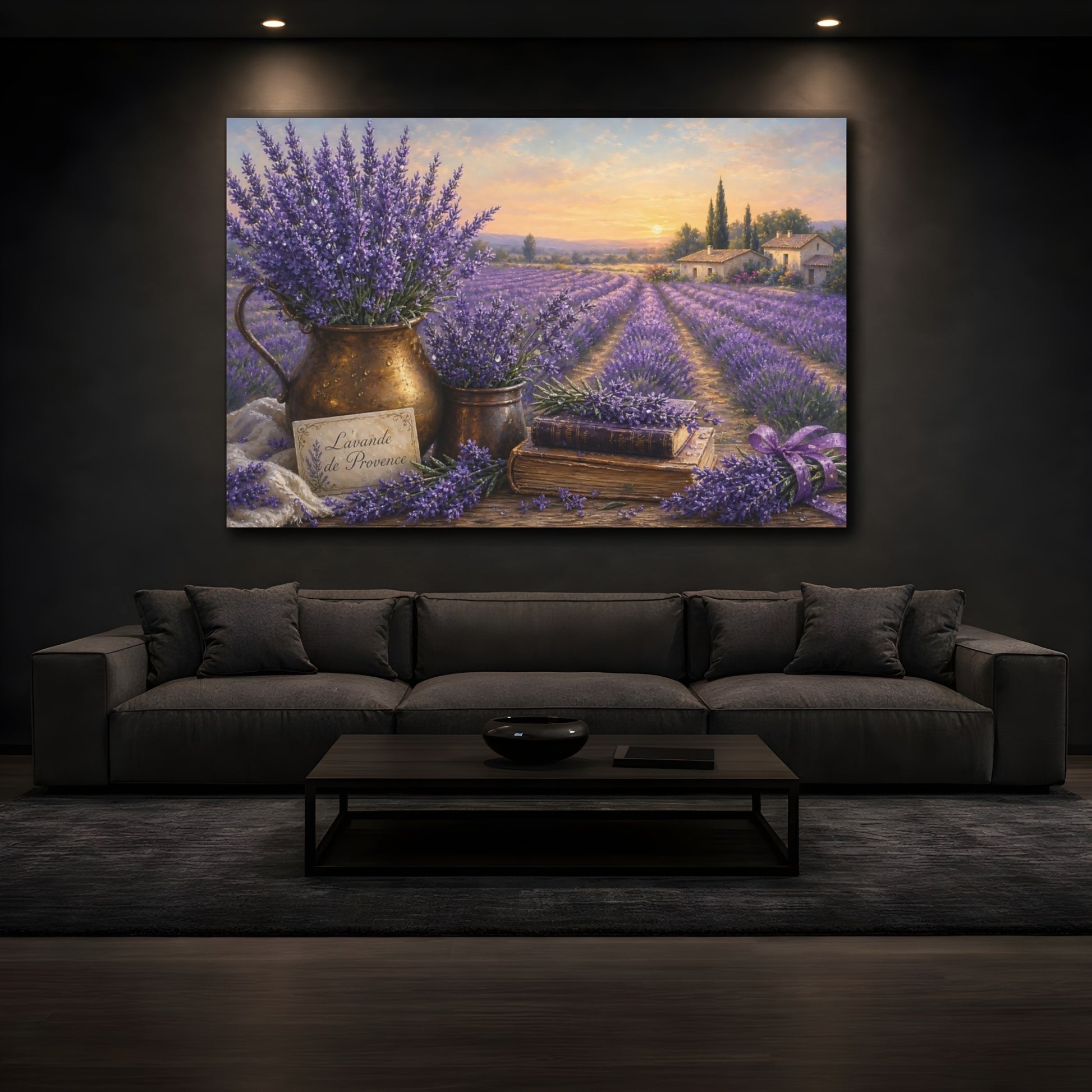 Mockup 3. Antique Still-Life Painting Lavender Across Provence Field With Dew Drops shown as stretched canvas wall art