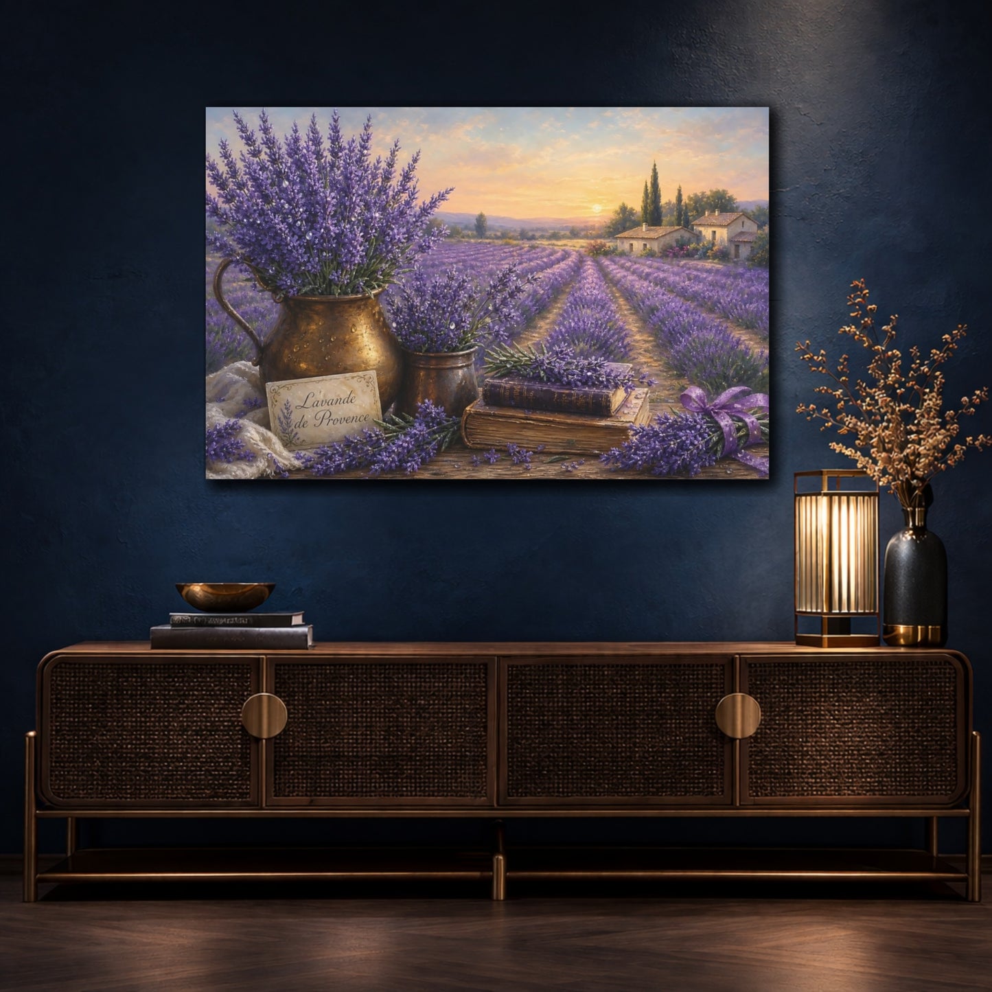 Mockup 4. Antique Still-Life Painting Lavender Across Provence Field With Dew Drops shown as stretched canvas wall art