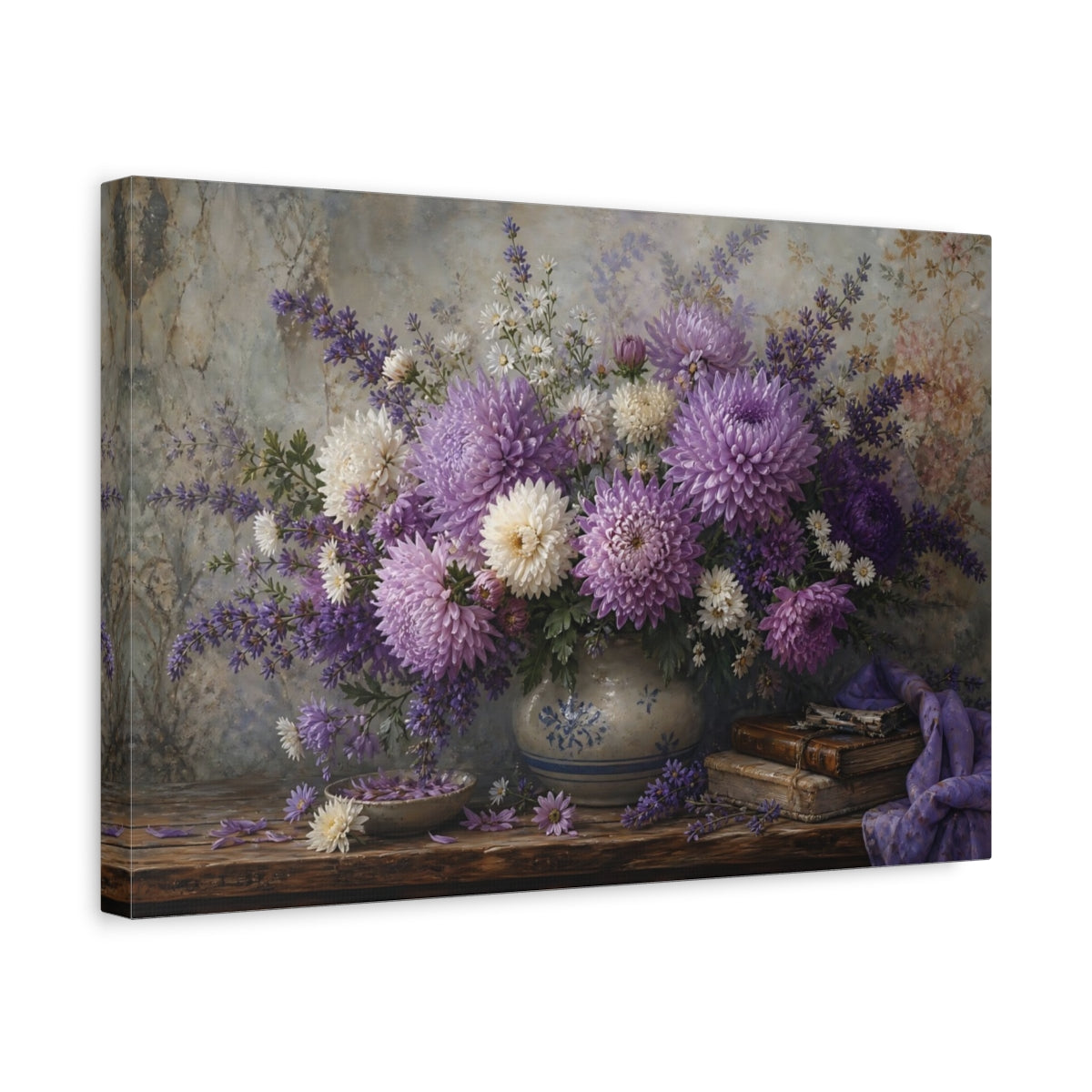 Side Mockup 4. Antique Still-Life Painting Lavender Chrysanthemums In Stoneware Bowl Humid Air shown as stretched canvas wall art