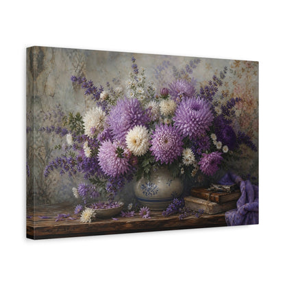 Side Mockup 4. Antique Still-Life Painting Lavender Chrysanthemums In Stoneware Bowl Humid Air shown as stretched canvas wall art