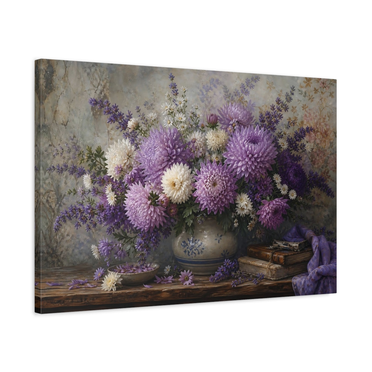 Side Mockup 2. Antique Still-Life Painting Lavender Chrysanthemums In Stoneware Bowl Humid Air shown as stretched canvas wall art