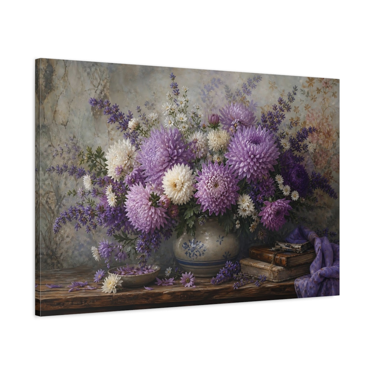 Main Mockup. Antique Still-Life Painting Lavender Chrysanthemums In Stoneware Bowl Humid Air shown as stretched canvas wall art