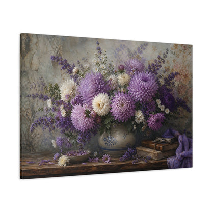 Main Mockup. Antique Still-Life Painting Lavender Chrysanthemums In Stoneware Bowl Humid Air shown as stretched canvas wall art