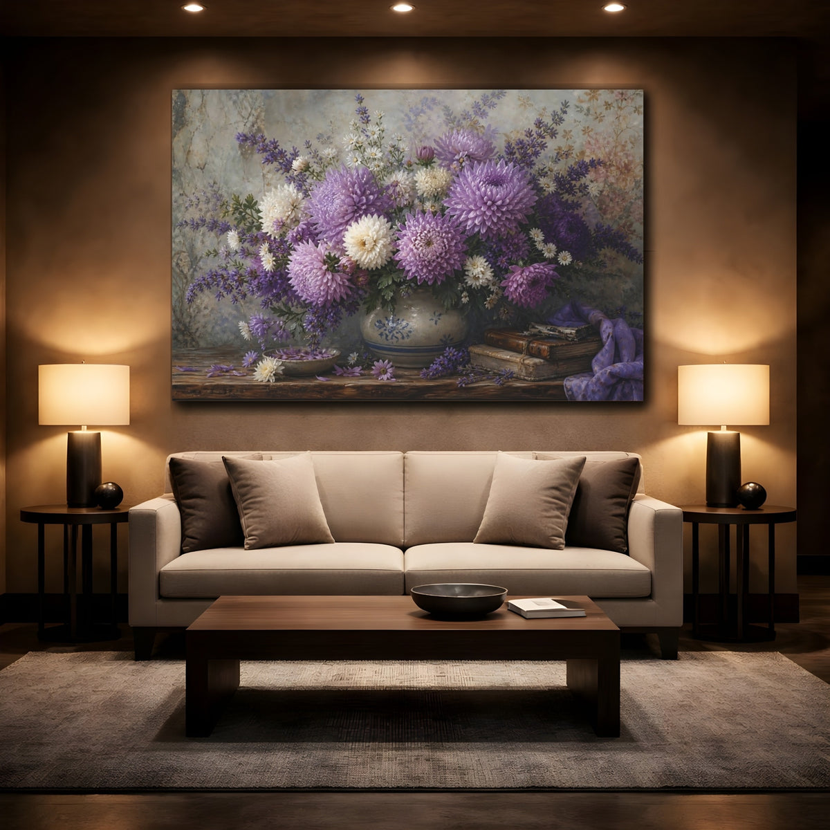 Mockup 2. Antique Still-Life Painting Lavender Chrysanthemums In Stoneware Bowl Humid Air shown as stretched canvas wall art